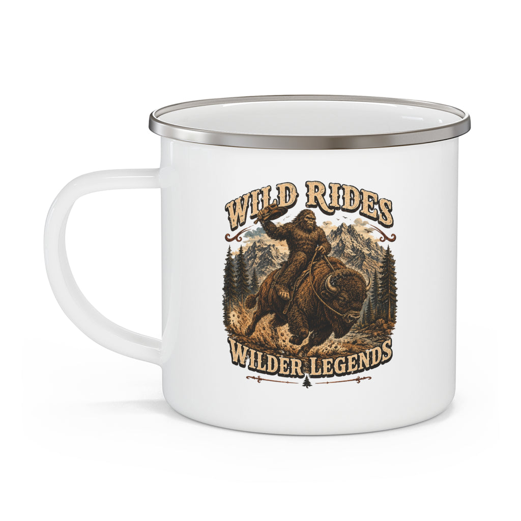 Enamel Camping Mug — Wild Rides, Wilder Legends Coffee Mug – Sasquatch on the Bison