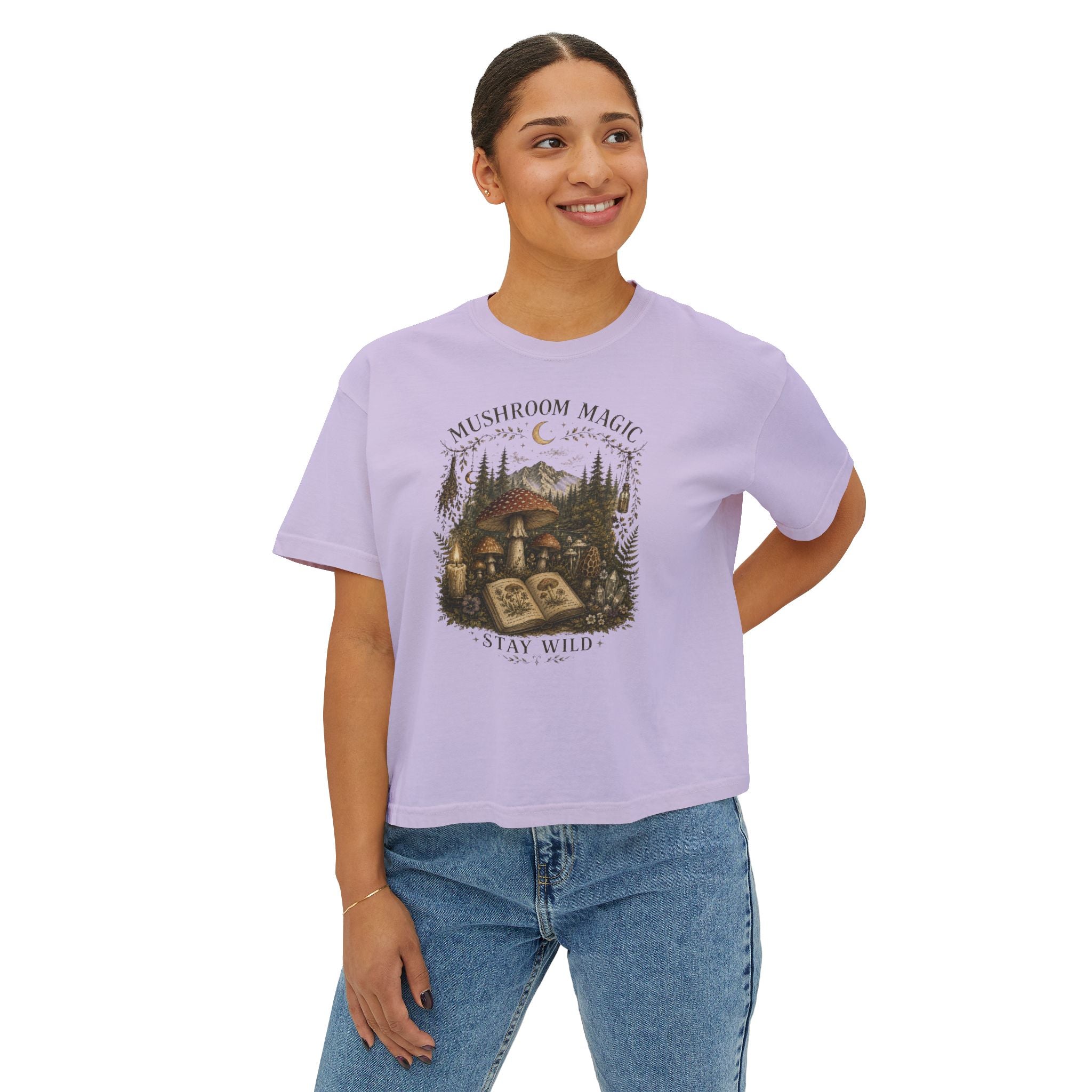 Kait's Hidden Hollow Women's Boxy Tee — Forest Cottage Retro Nature Graphic