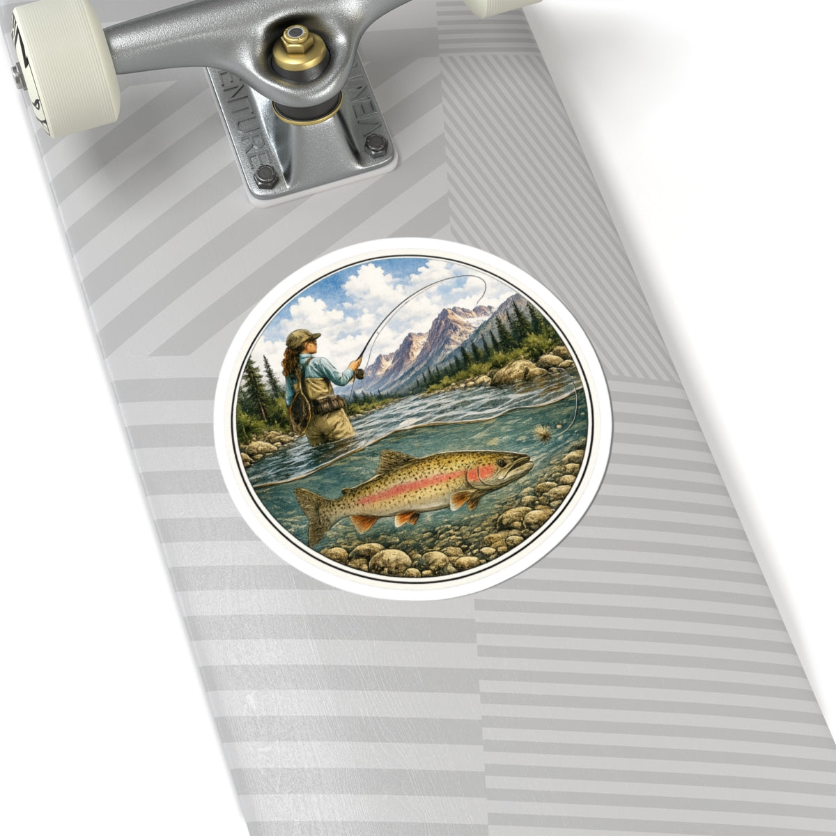 Fishing River Scene Vinyl Sticker — Female Angler & Rainbow Trout Kiss-Cut Decal