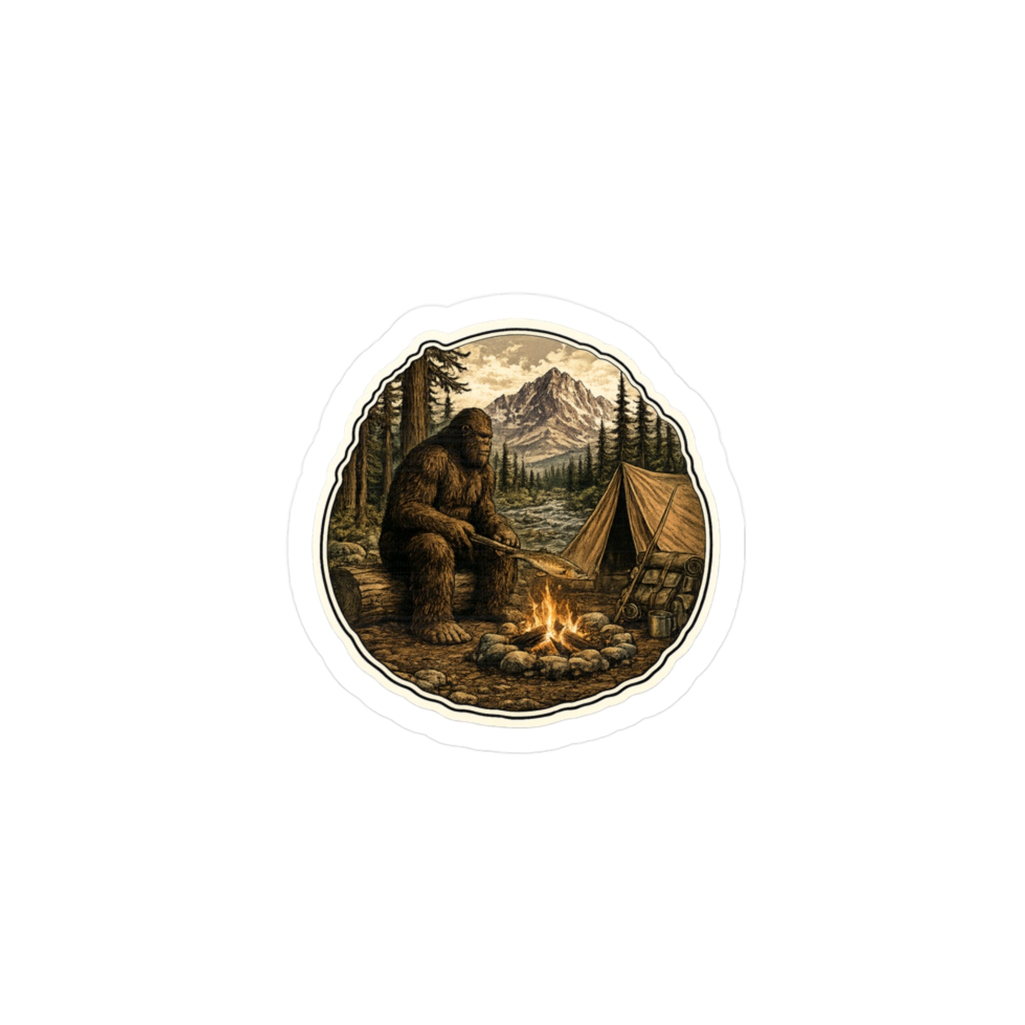 Water Resistant Sasquatch Campfire Dinner Sticker — Sasquatch by Campfire Outdoor Decal