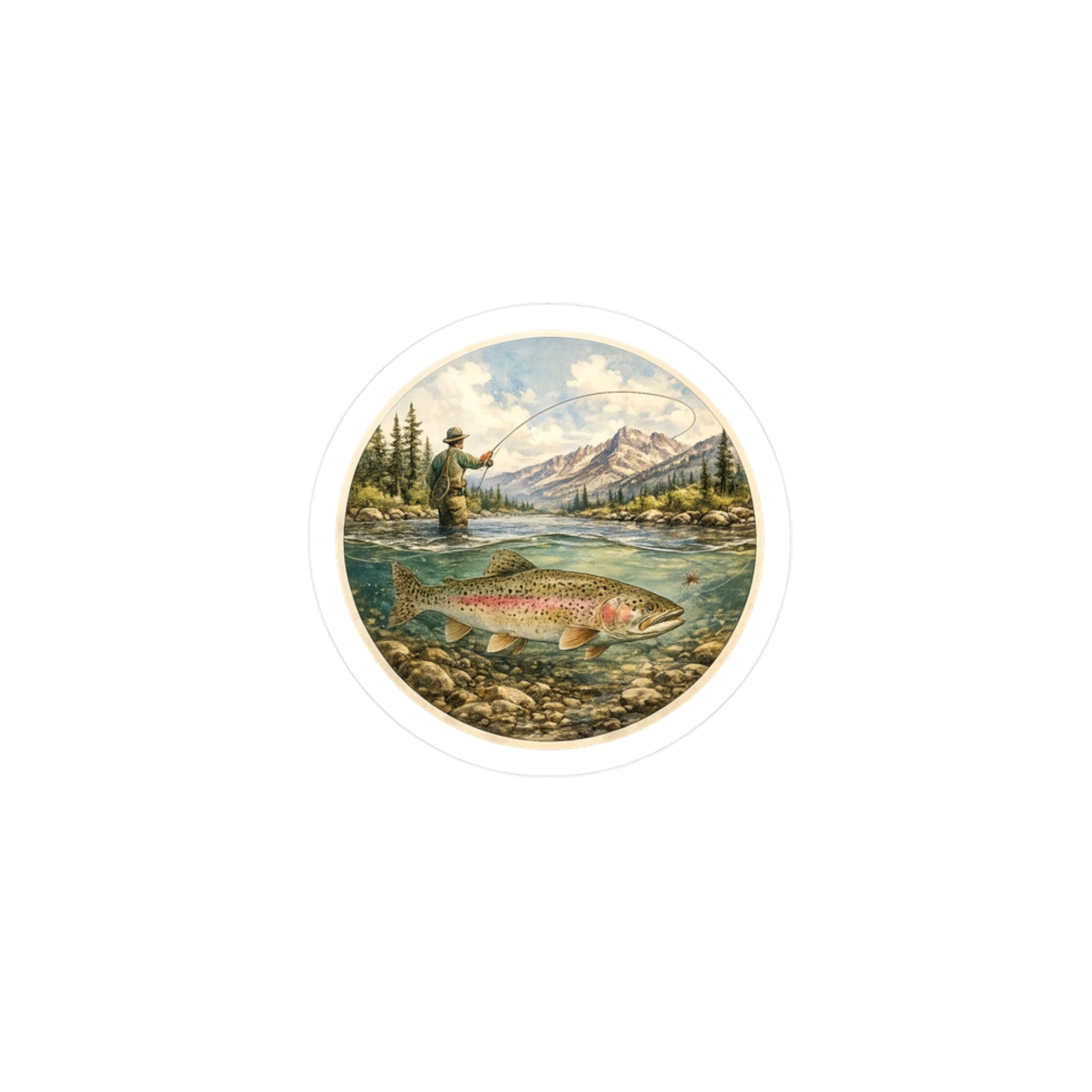 Trout Fly Fishing Sticker — Vintage Mountain River Vinyl Sticker — Kiss-Cut Decal