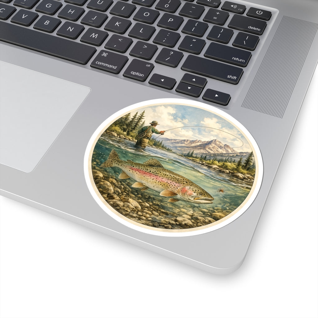 Trout Fly Fishing Sticker — Sticker — Vintage Mountain River Kiss-Cut Decal