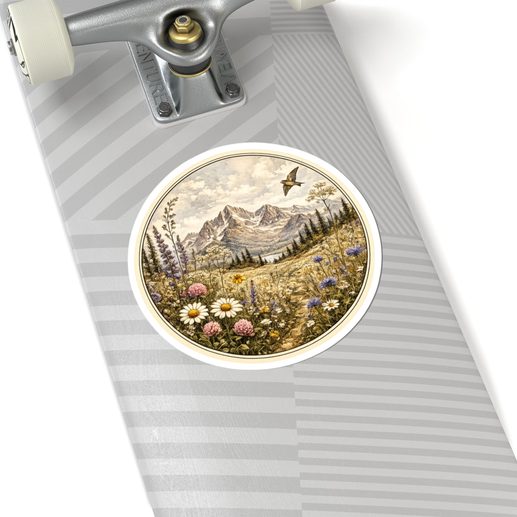 Vintage Meadow Mountain Sticker — Round  Kiss-Cut Scenic Sticker