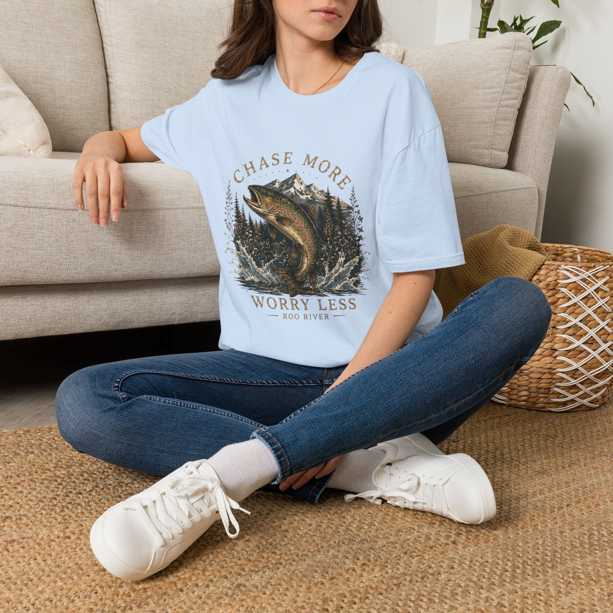 T-Shirt — Chase More, Worry Less Fishing Tee (Mountain Trout Design)