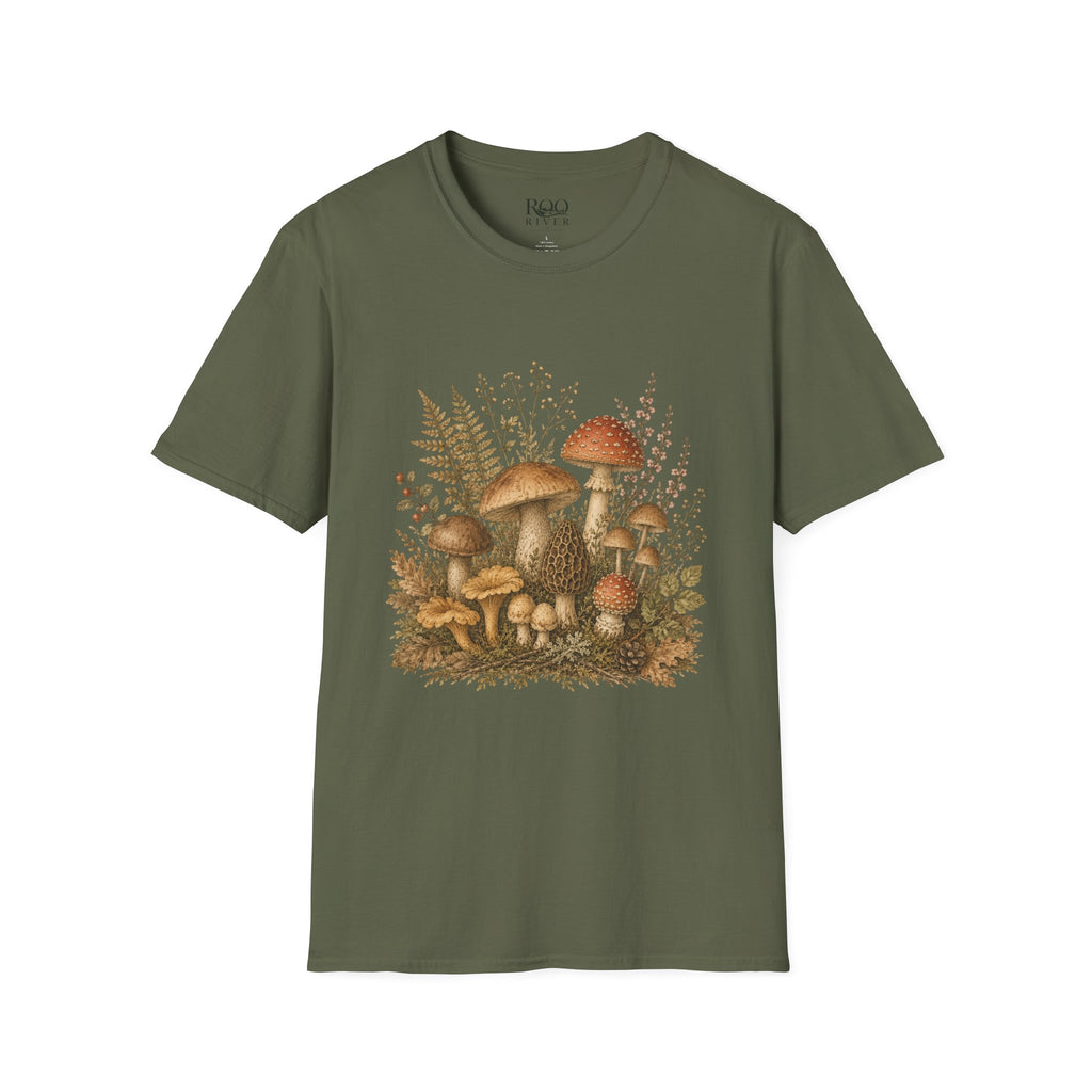 Woodland Mushrooms T-Shirt — Vintage Botanical Fungi Design