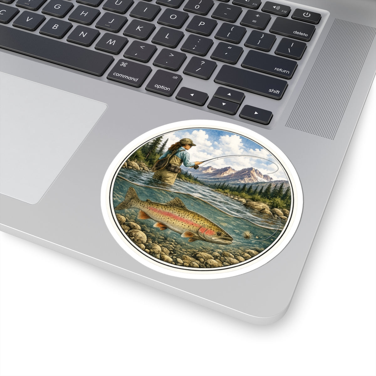 Fishing River Scene Vinyl Sticker — Female Angler & Rainbow Trout Kiss-Cut Decal