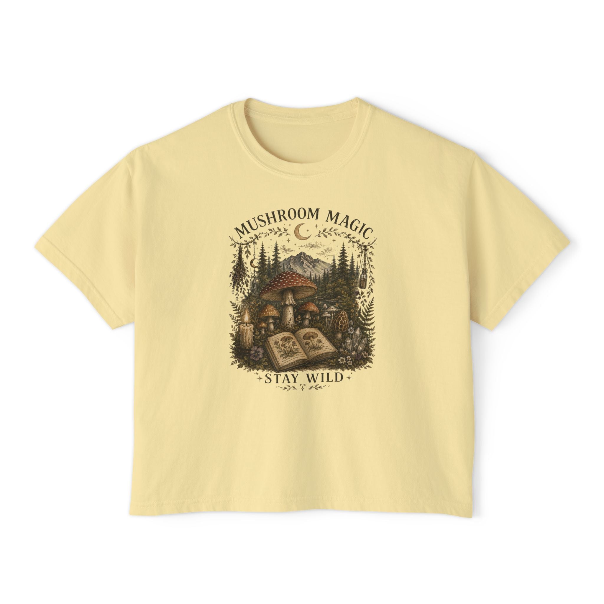 Kait's Hidden Hollow Women's Boxy Tee — Forest Cottage Retro Nature Graphic