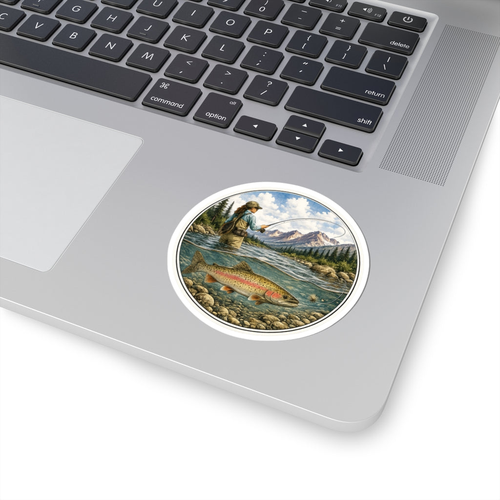 Fishing River Scene Vinyl Sticker — Female Angler & Rainbow Trout Kiss-Cut Decal