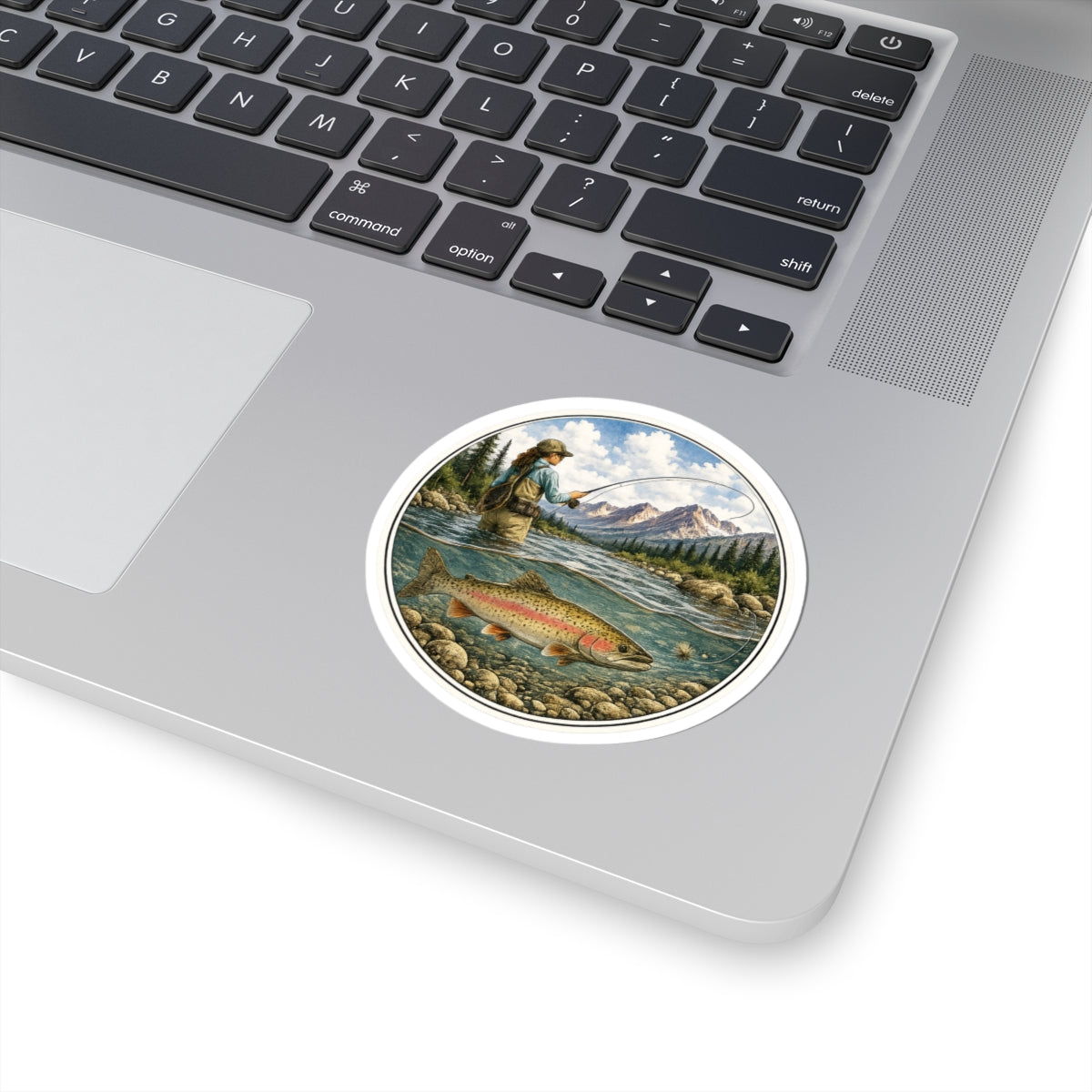 Fishing River Scene Vinyl Sticker — Female Angler & Rainbow Trout Kiss-Cut Decal