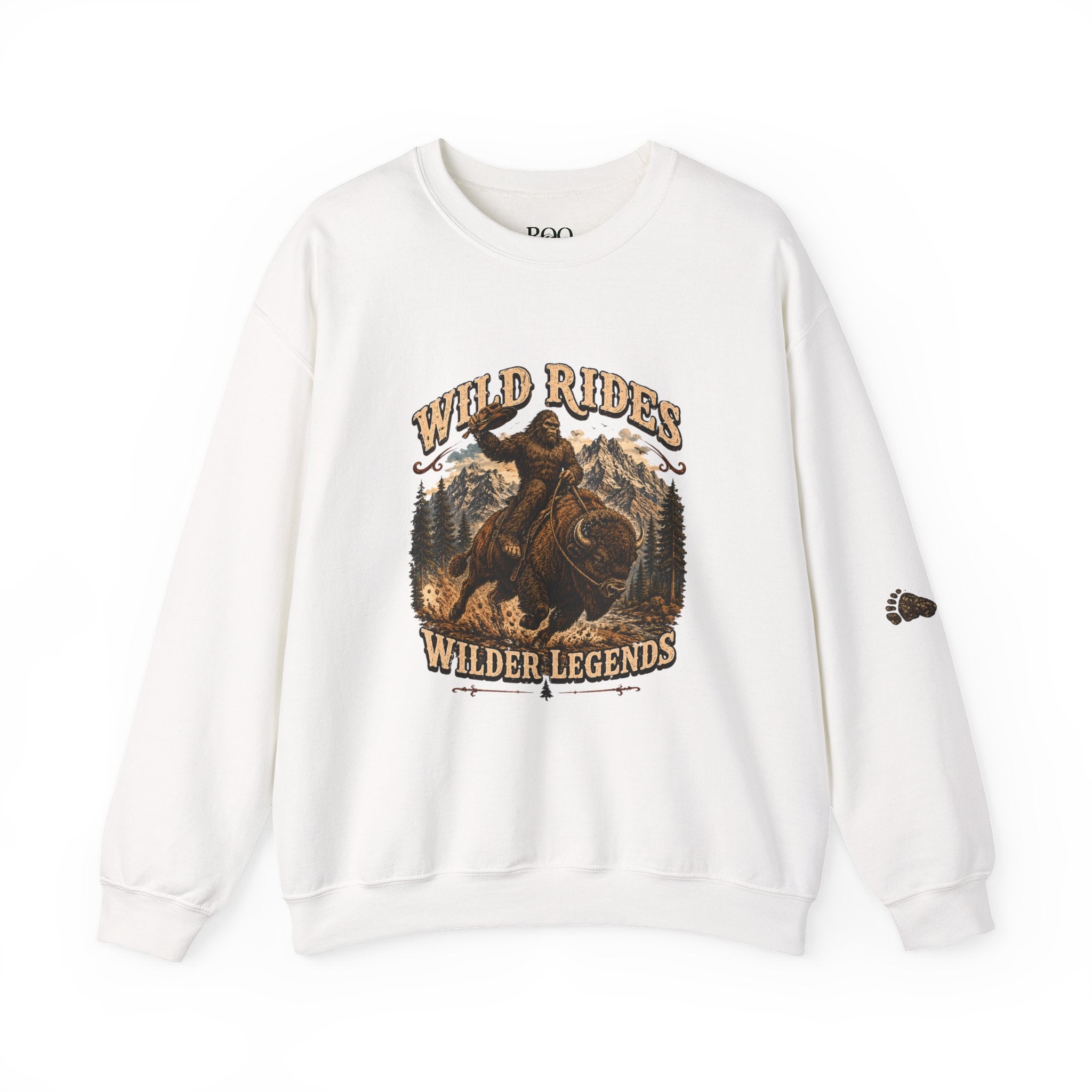 Wild Rides, Wilder Legends — Sasquatch Bison Rider, Crewneck Sweatshirt