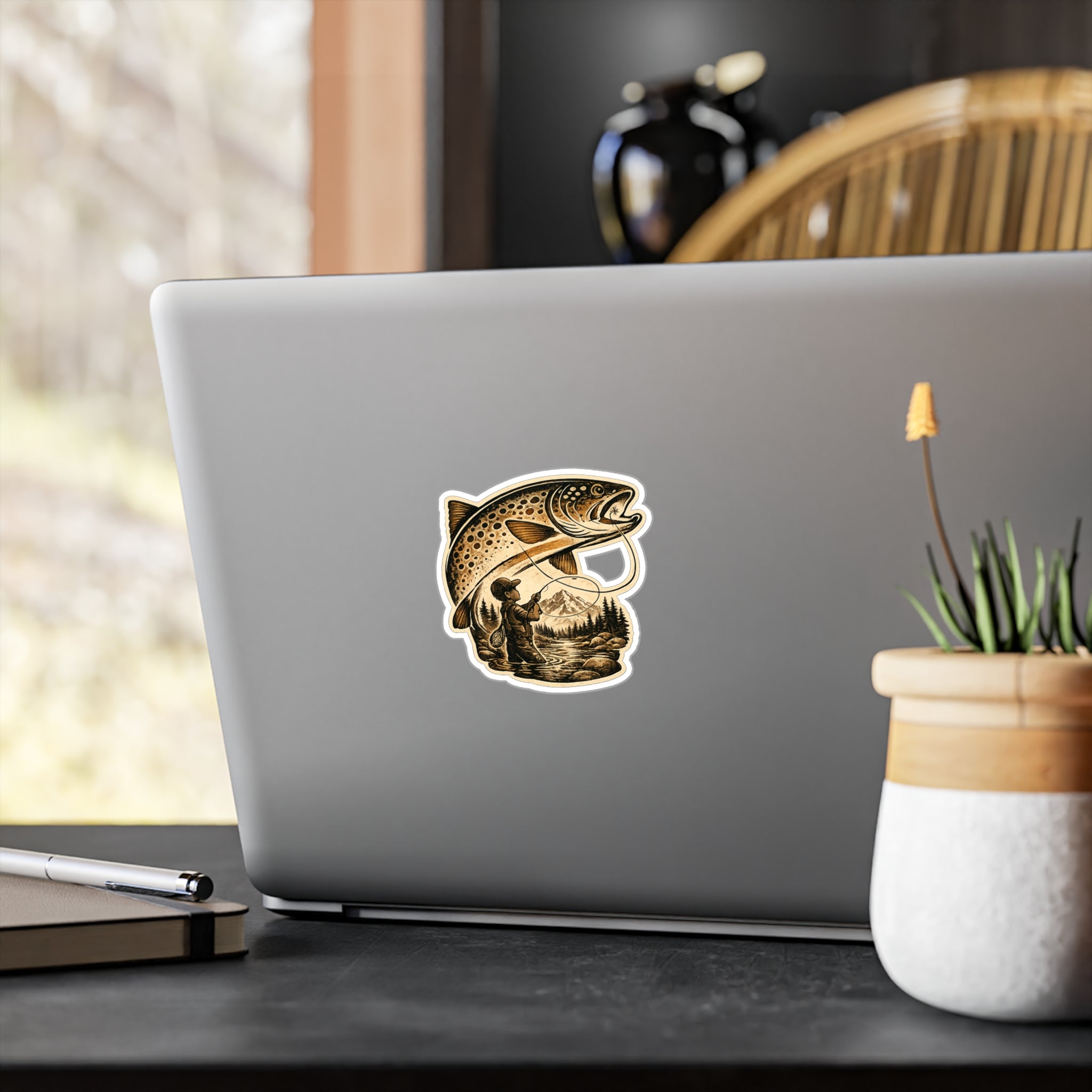 A Boy's Fishing Adventure Vinyl Sticker — Vintage Trout Flyfishing Scene