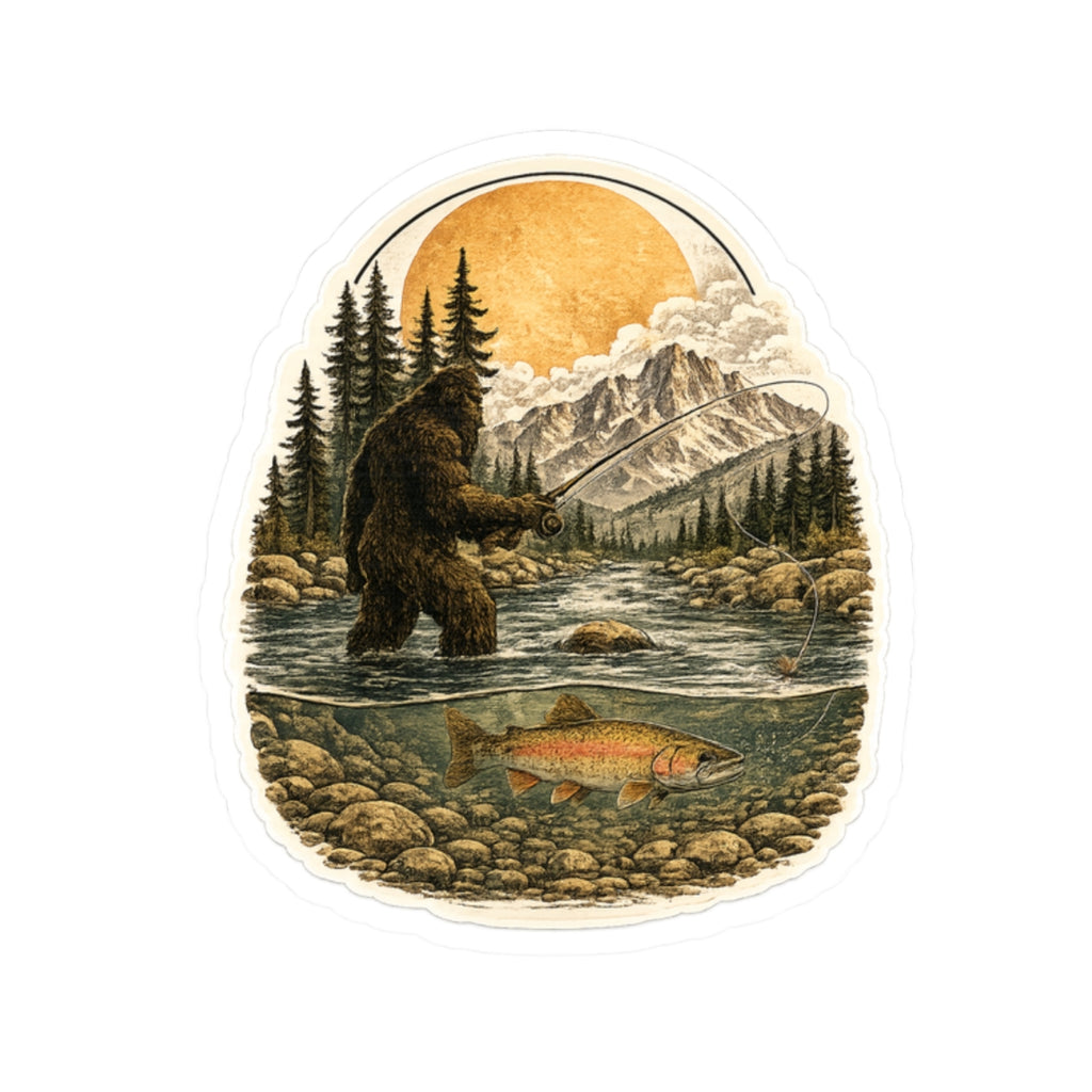 Sasquatch Fly Fishing Sticker — Outdoor Adventure Kiss-Cut Decal