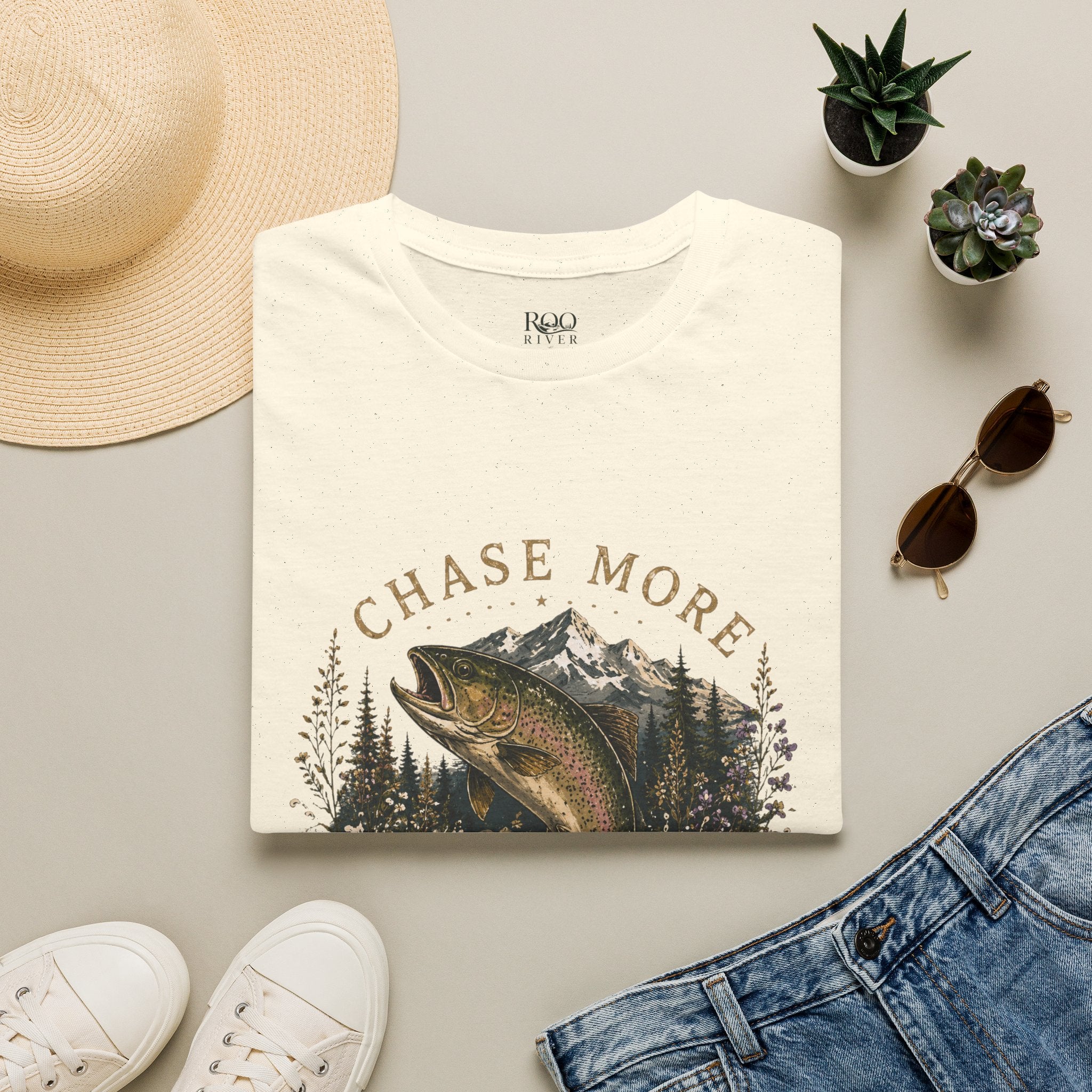 T-Shirt — Chase More, Worry Less Fishing Tee (Mountain Trout Design)
