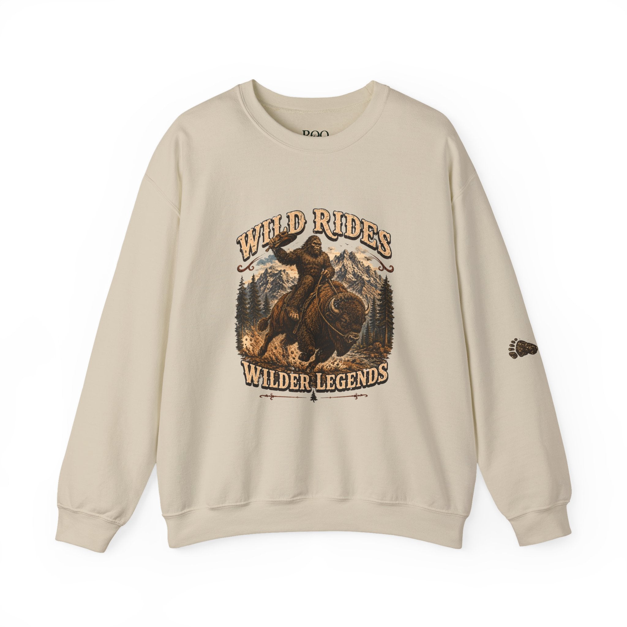 Wild Rides, Wilder Legends — Sasquatch Bison Rider, Crewneck Sweatshirt