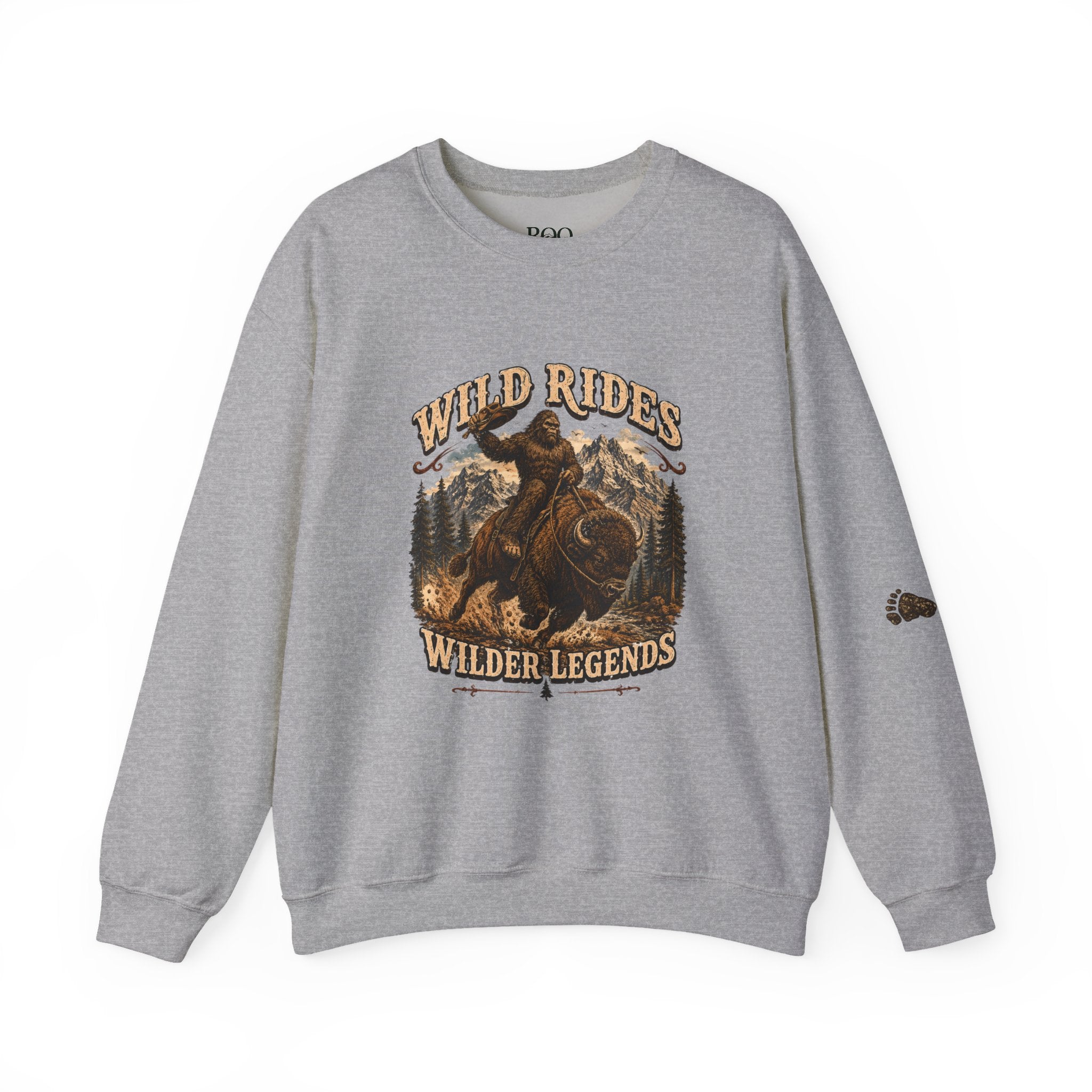 Wild Rides, Wilder Legends — Sasquatch Bison Rider, Crewneck Sweatshirt
