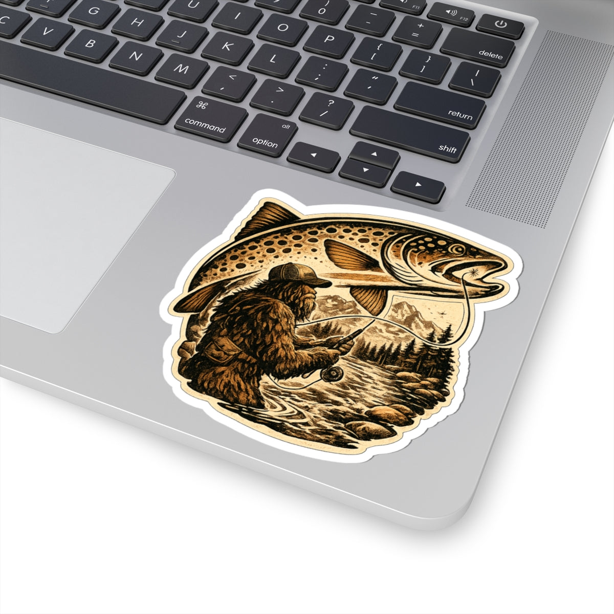 Sasquatch Fly Fishing Trout Sticker — Vintage Trout Flyfishing Scene