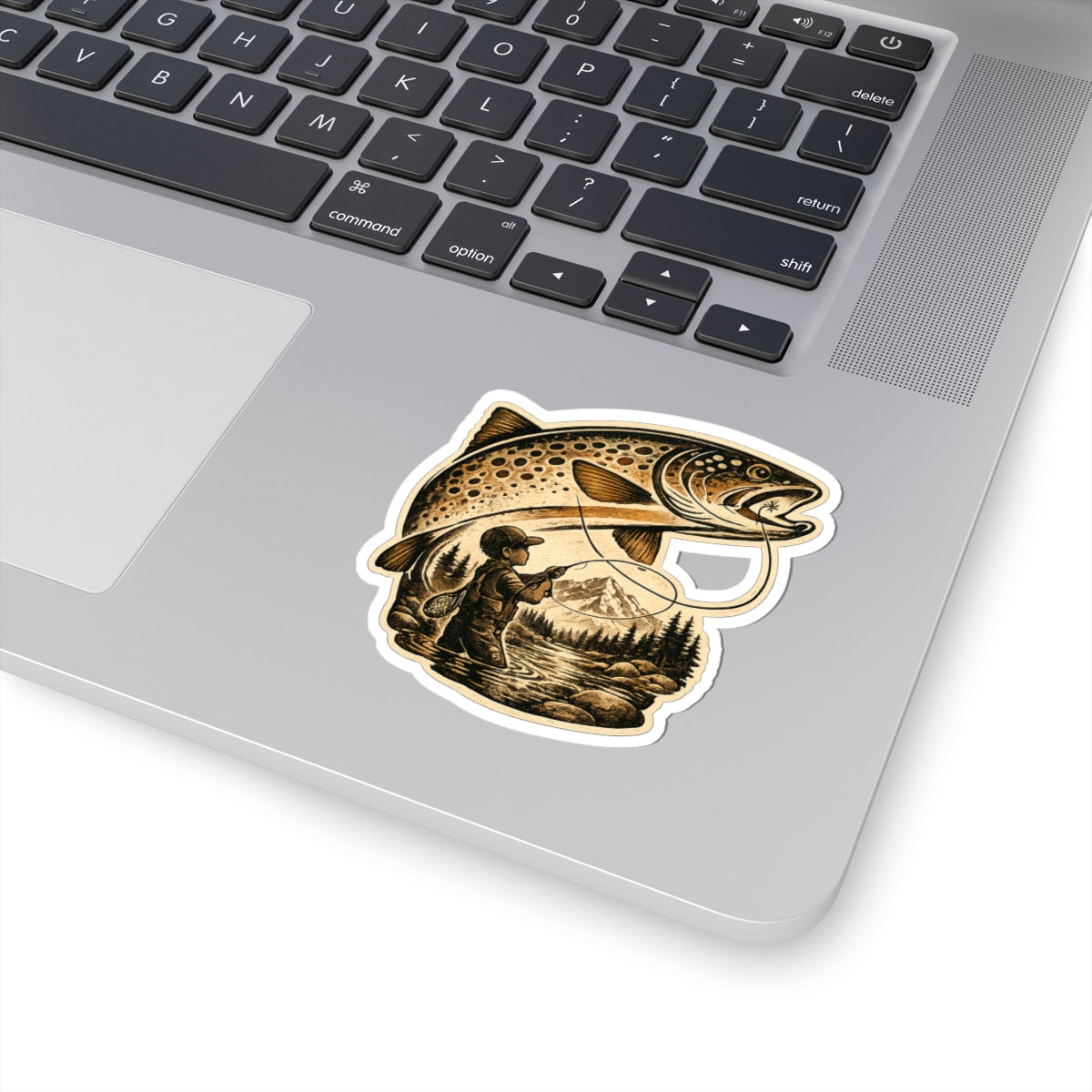 A Boy's Fishing Adventure Vinyl Sticker — Vintage Trout Flyfishing Scene