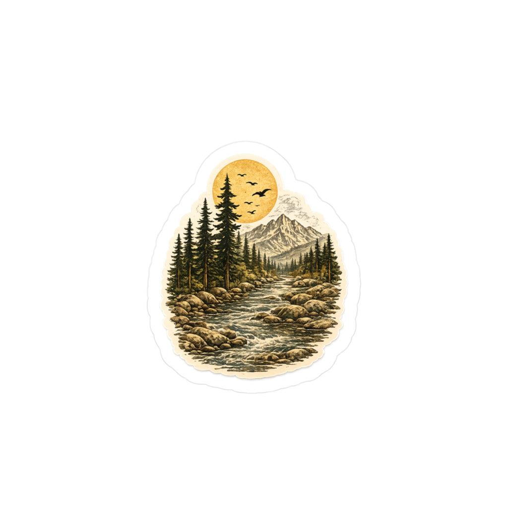 Water Resistant Mountain River Vinyl Sticker — Retro Wilderness Kiss-Cut Sticker