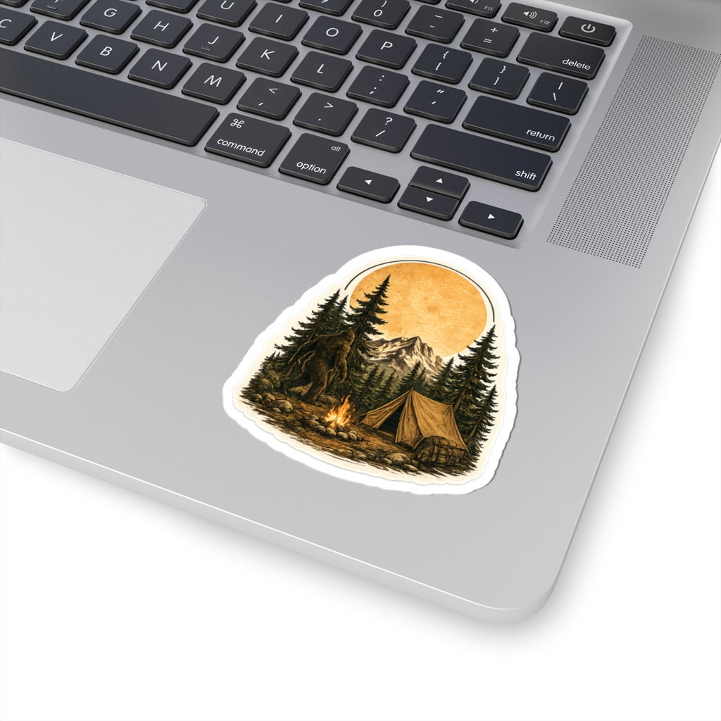 Camping Bigfoot Sticker — Vintage Mountain Campfire Vinyl Kiss-Cut