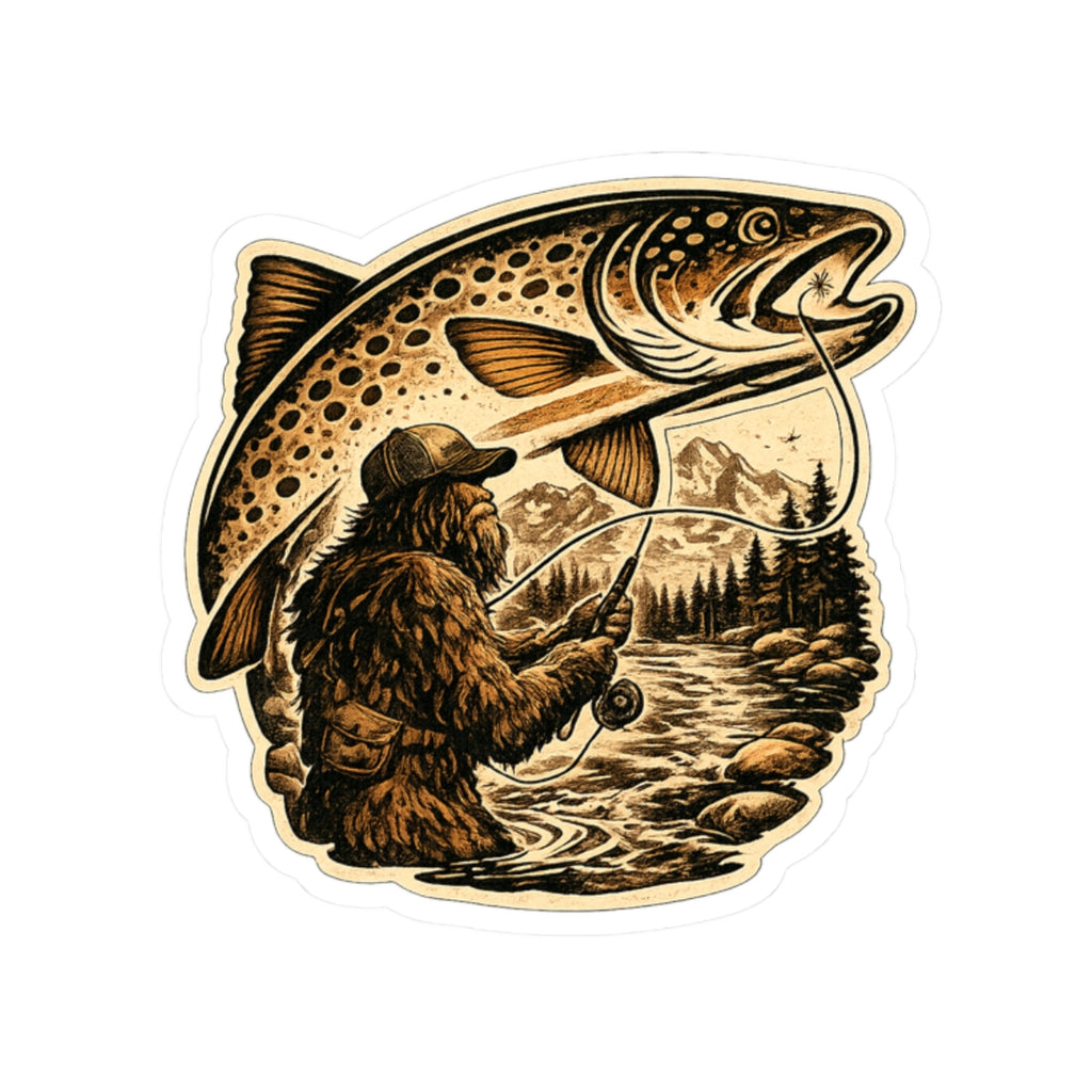 Sasquatch Fly Fishing Trout Sticker — Vintage Trout Flyfishing Scene