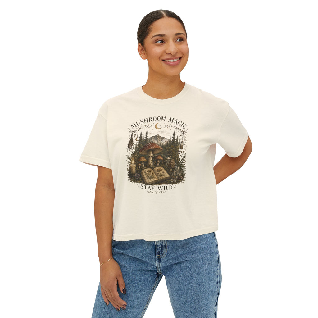 Kait's Hidden Hollow Women's Boxy Tee — Forest Cottage Retro Nature Graphic