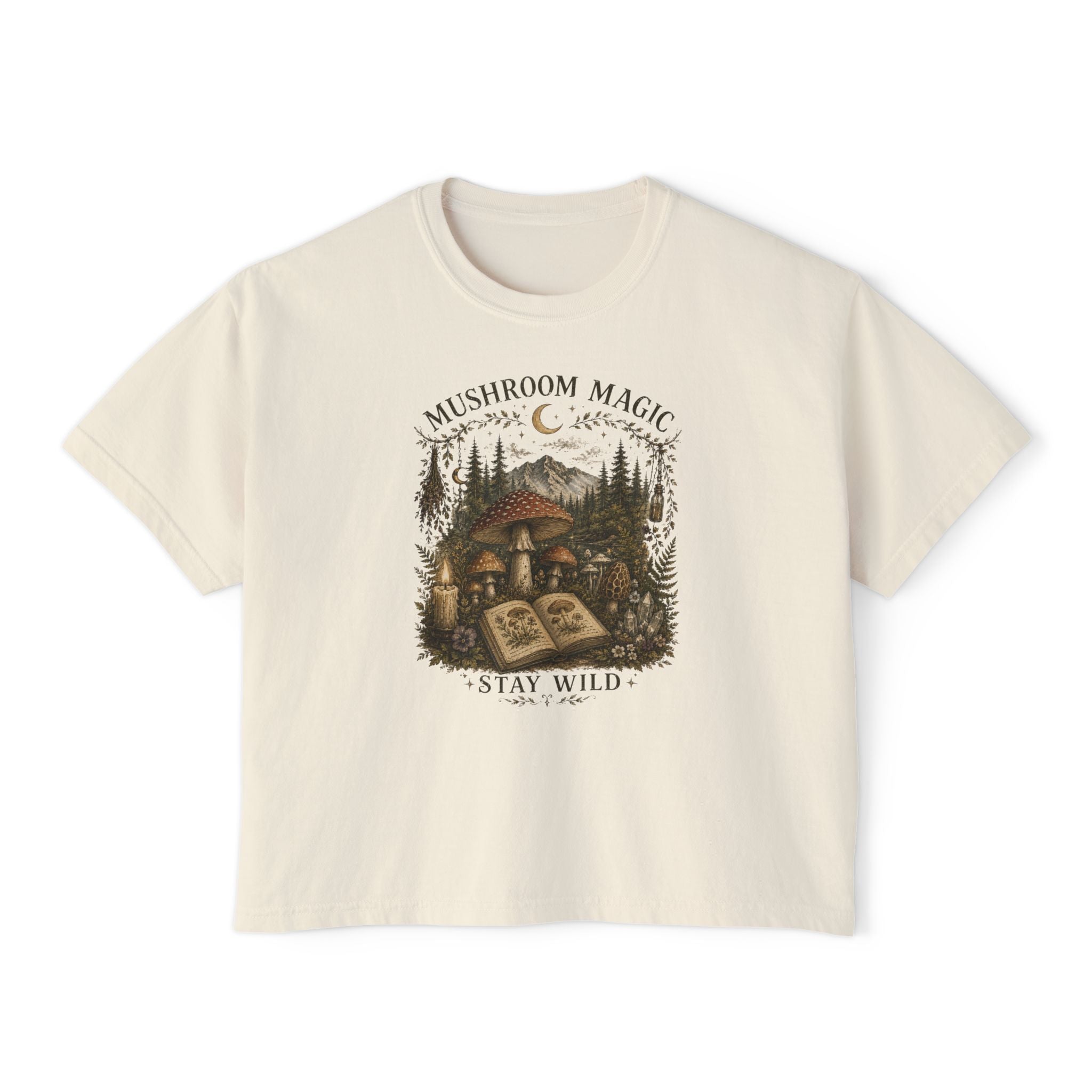 Kait's Hidden Hollow Women's Boxy Tee — Forest Cottage Retro Nature Graphic
