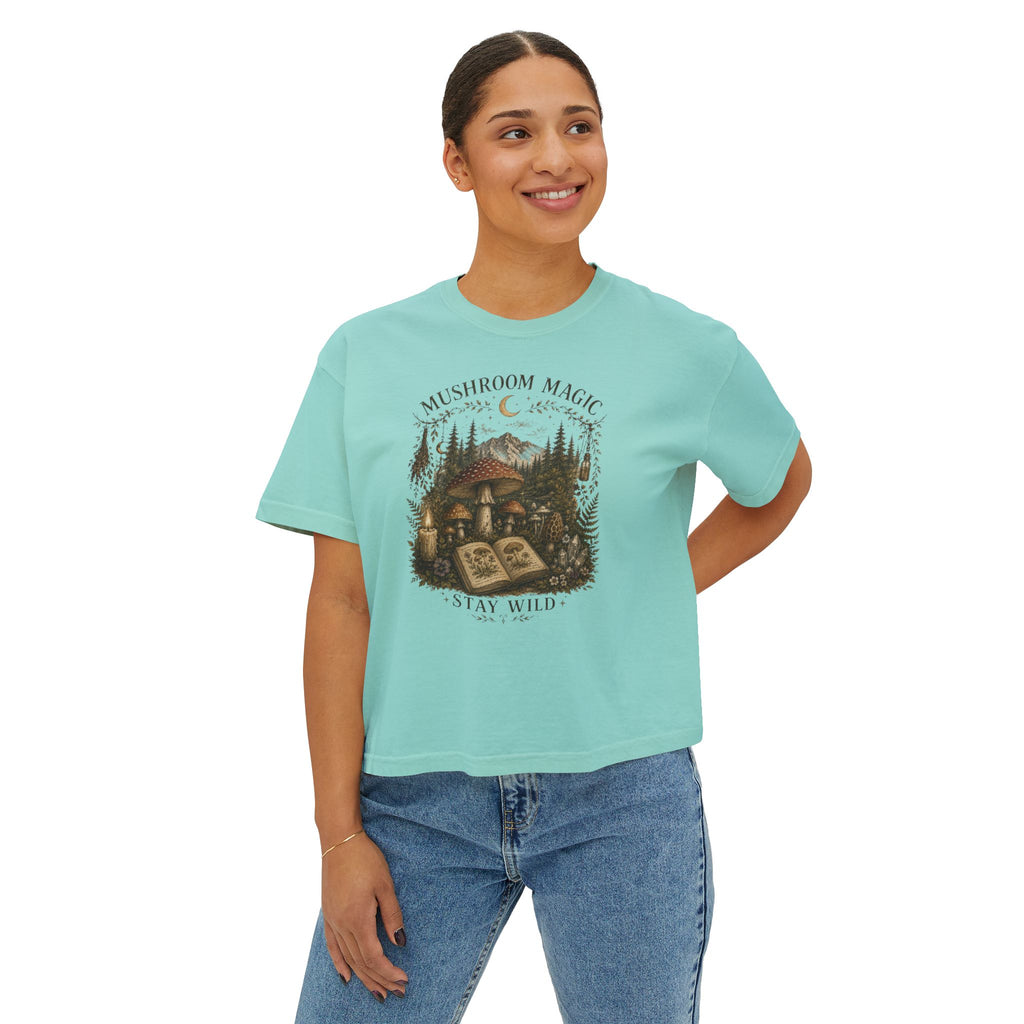 Kait's Hidden Hollow Women's Boxy Tee — Forest Cottage Retro Nature Graphic