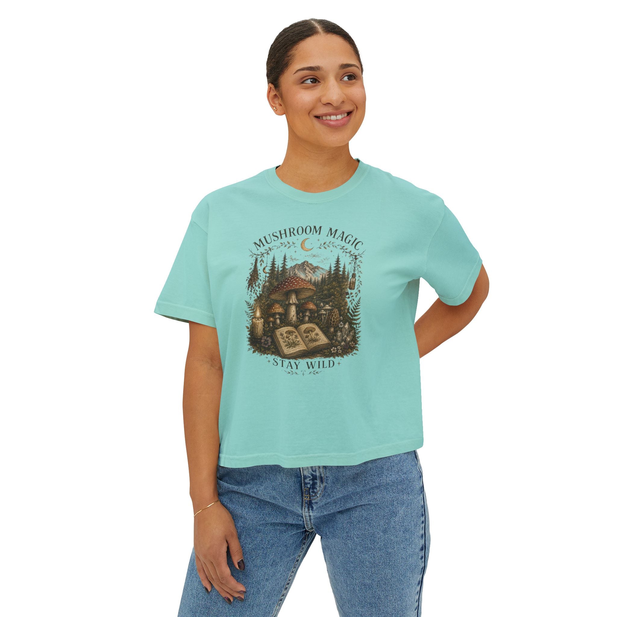 Kait's Hidden Hollow Women's Boxy Tee — Forest Cottage Retro Nature Graphic