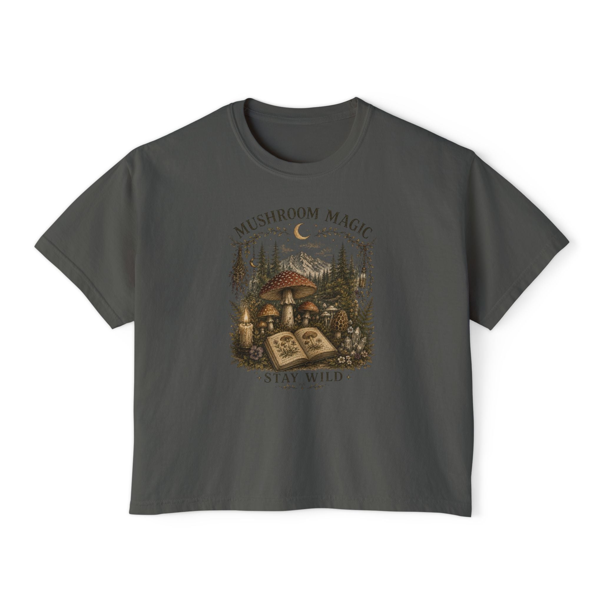 Kait's Hidden Hollow Women's Boxy Tee — Forest Cottage Retro Nature Graphic