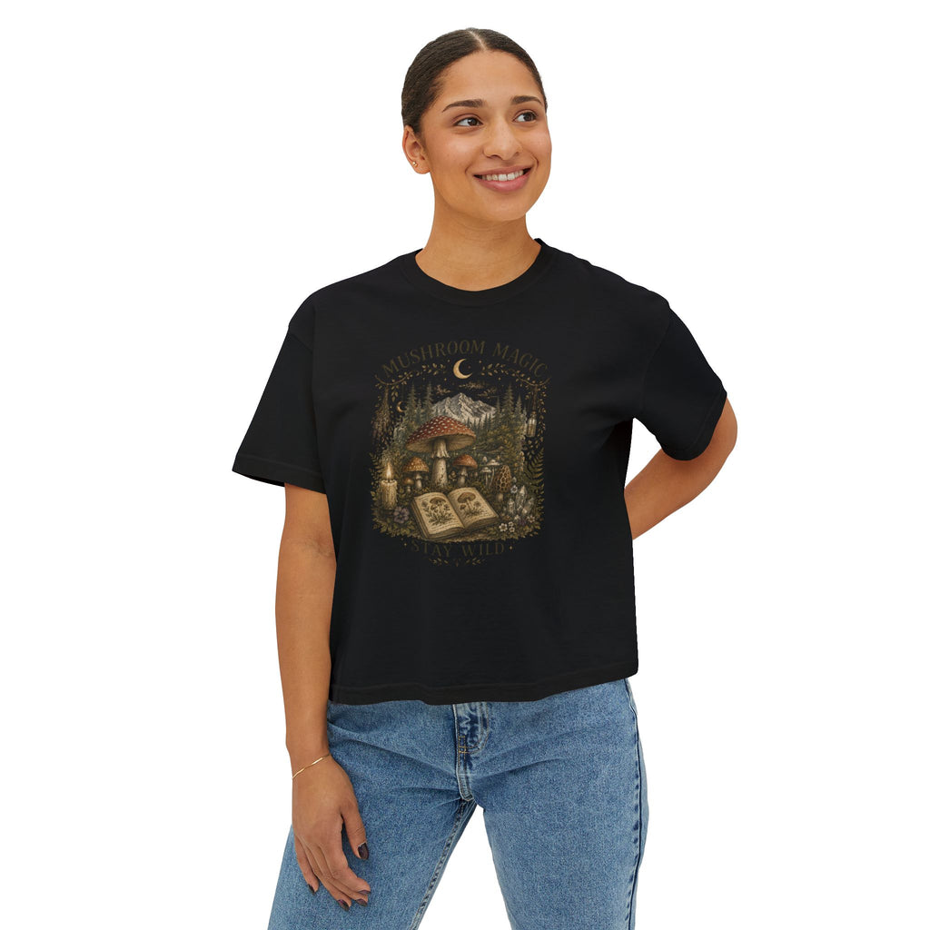 Kait's Hidden Hollow Women's Boxy Tee — Forest Cottage Retro Nature Graphic