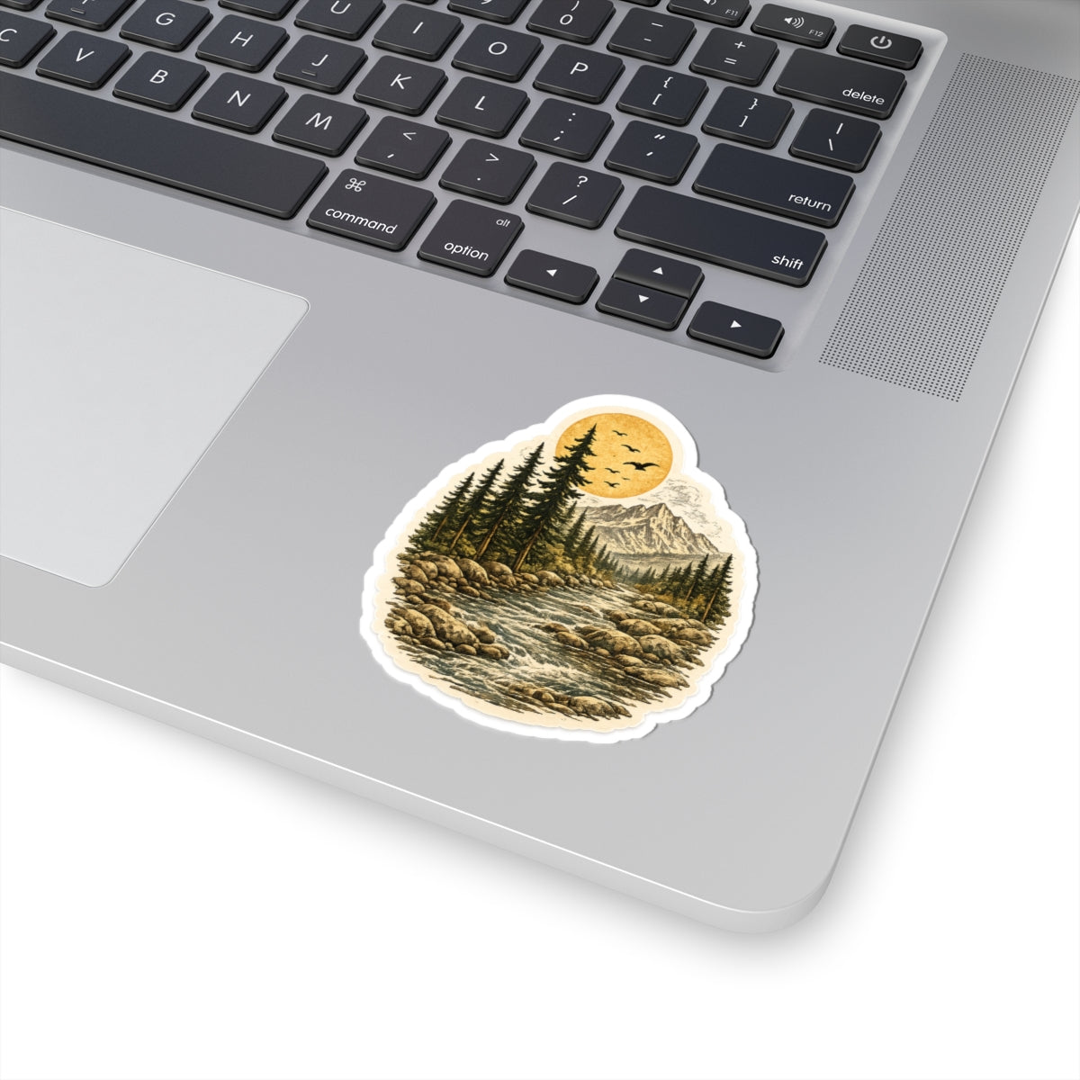 Mountain River Vinyl Sticker — Retro Wilderness Kiss-Cut Sticker