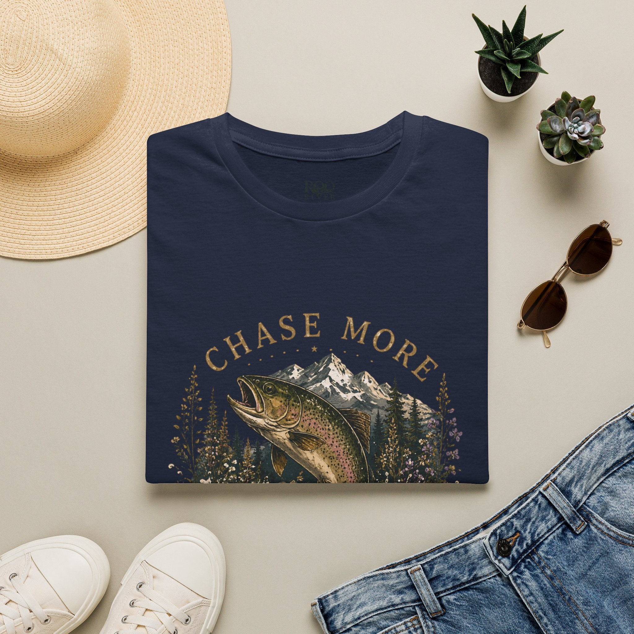 T-Shirt — Chase More, Worry Less Fishing Tee (Mountain Trout Design)