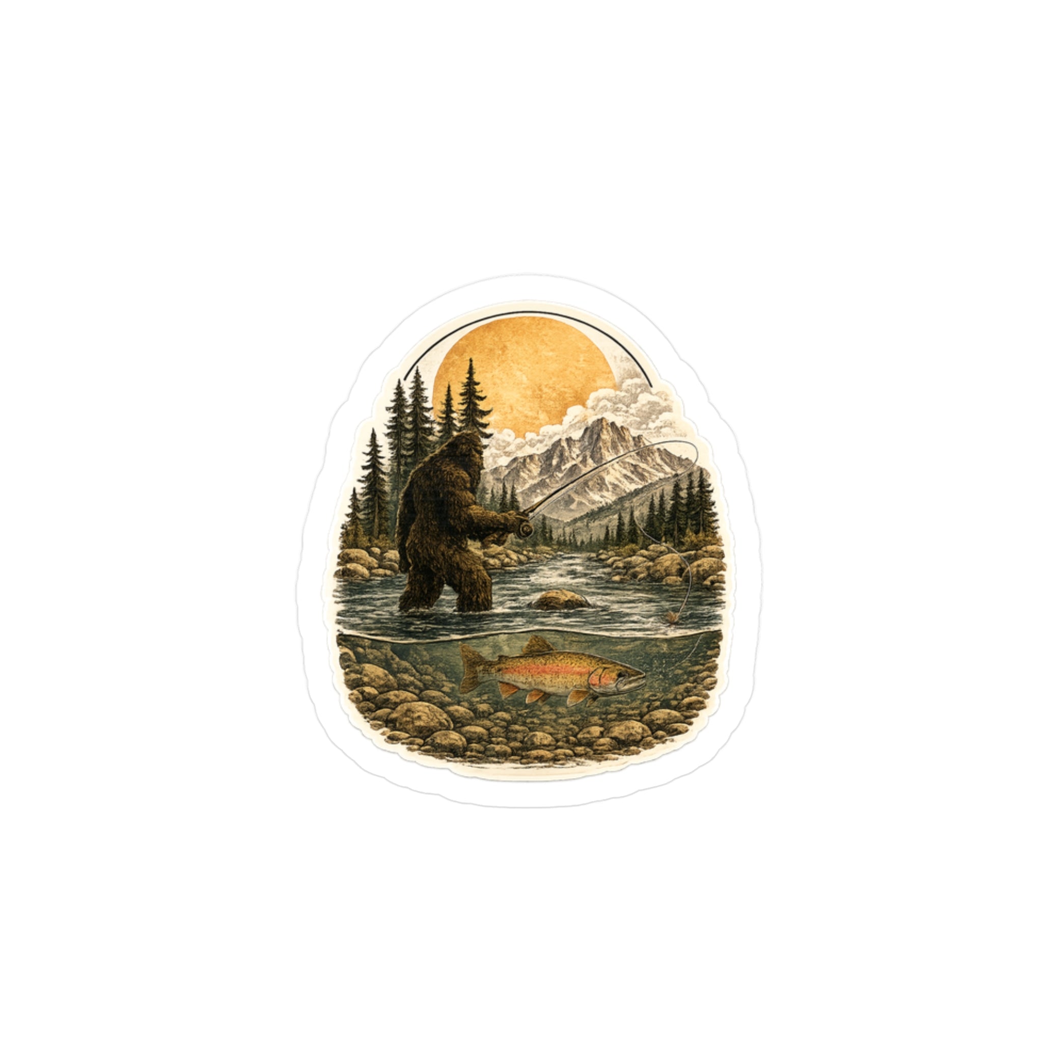 Water Resistant Sasquatch Fly Fishing Sticker — Outdoor Adventure Kiss-Cut Decal