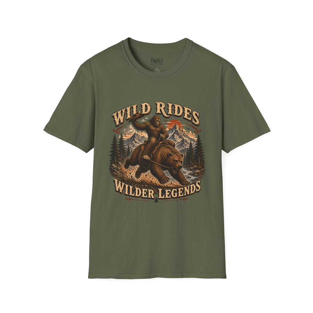 Wild Rides T-Shirt — Bigfoot Riding Bear Vintage Graphic