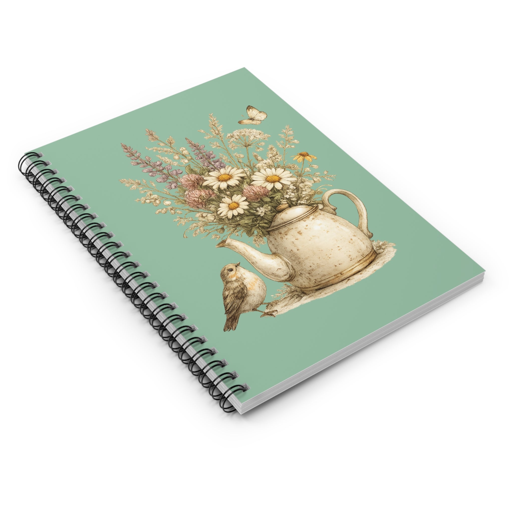 Floral Teapot Spiral Notebook — Vintage Daisies & Bird Ruled Journal