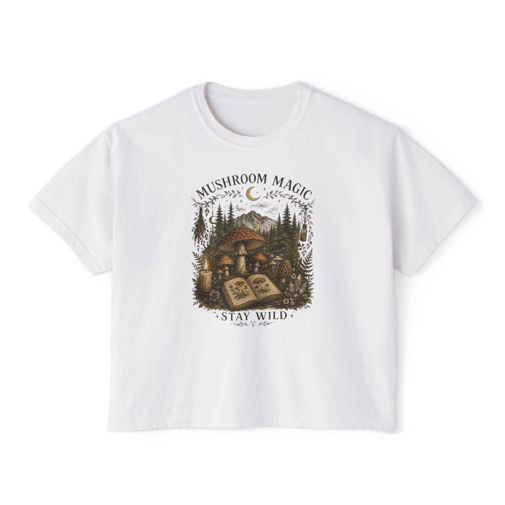 Kait's Hidden Hollow Women's Boxy Tee — Forest Cottage Retro Nature Graphic