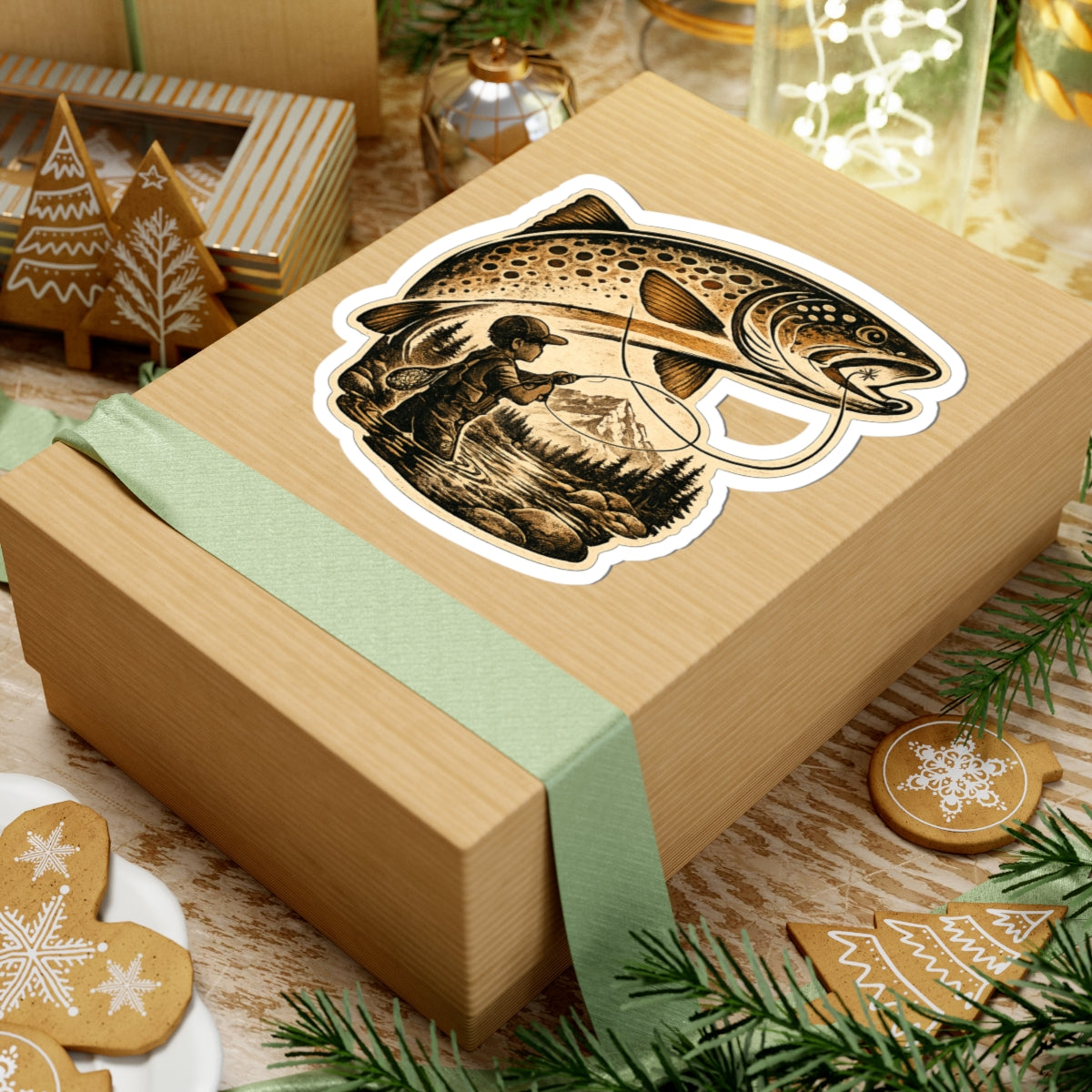 A Boy's Fishing Adventure Vinyl Sticker — Vintage Trout Flyfishing Scene