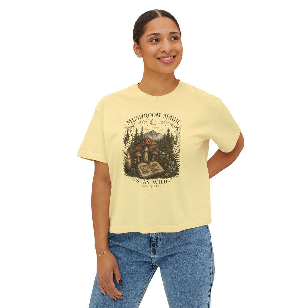 Kait's Hidden Hollow Women's Boxy Tee — Forest Cottage Retro Nature Graphic