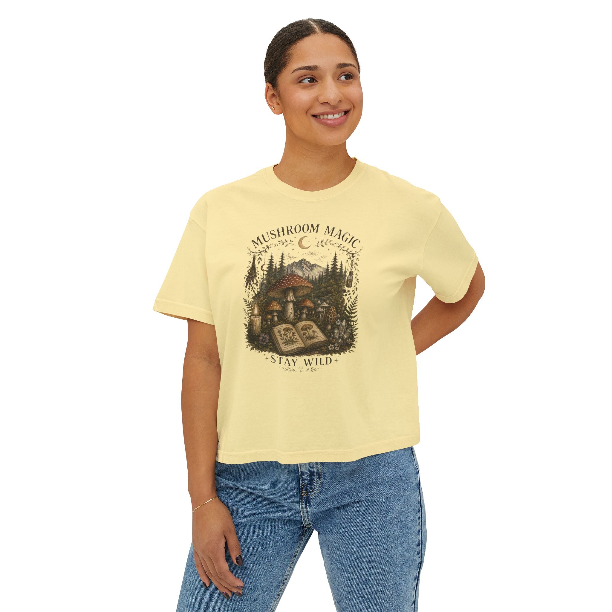 Kait's Hidden Hollow Women's Boxy Tee — Forest Cottage Retro Nature Graphic