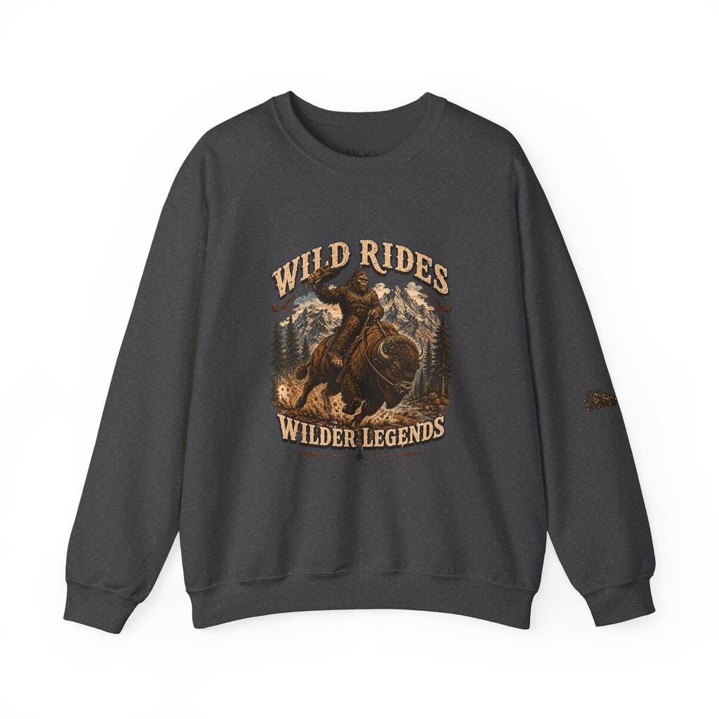 Wild Rides, Wilder Legends — Sasquatch Bison Rider, Crewneck Sweatshirt