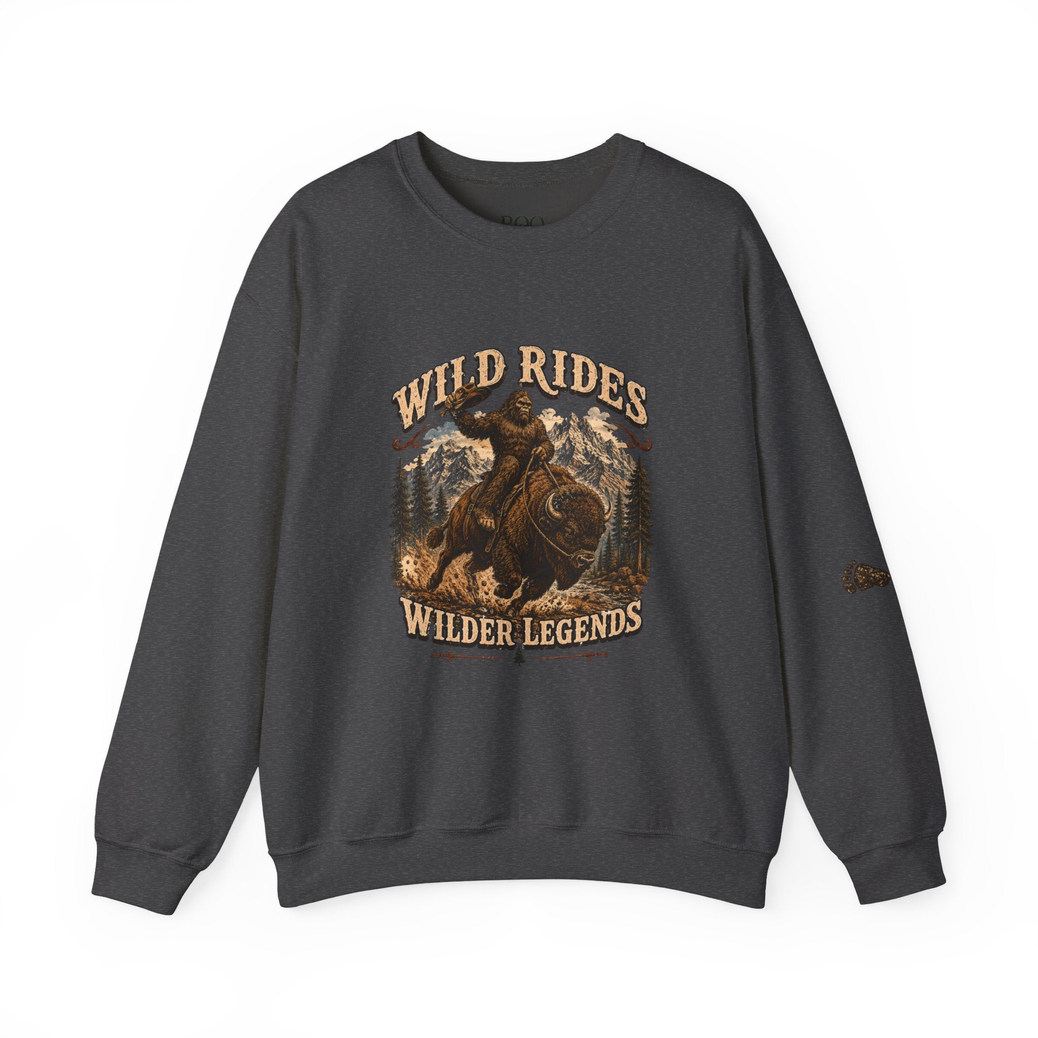 Wild Rides, Wilder Legends — Sasquatch Bison Rider, Crewneck Sweatshirt