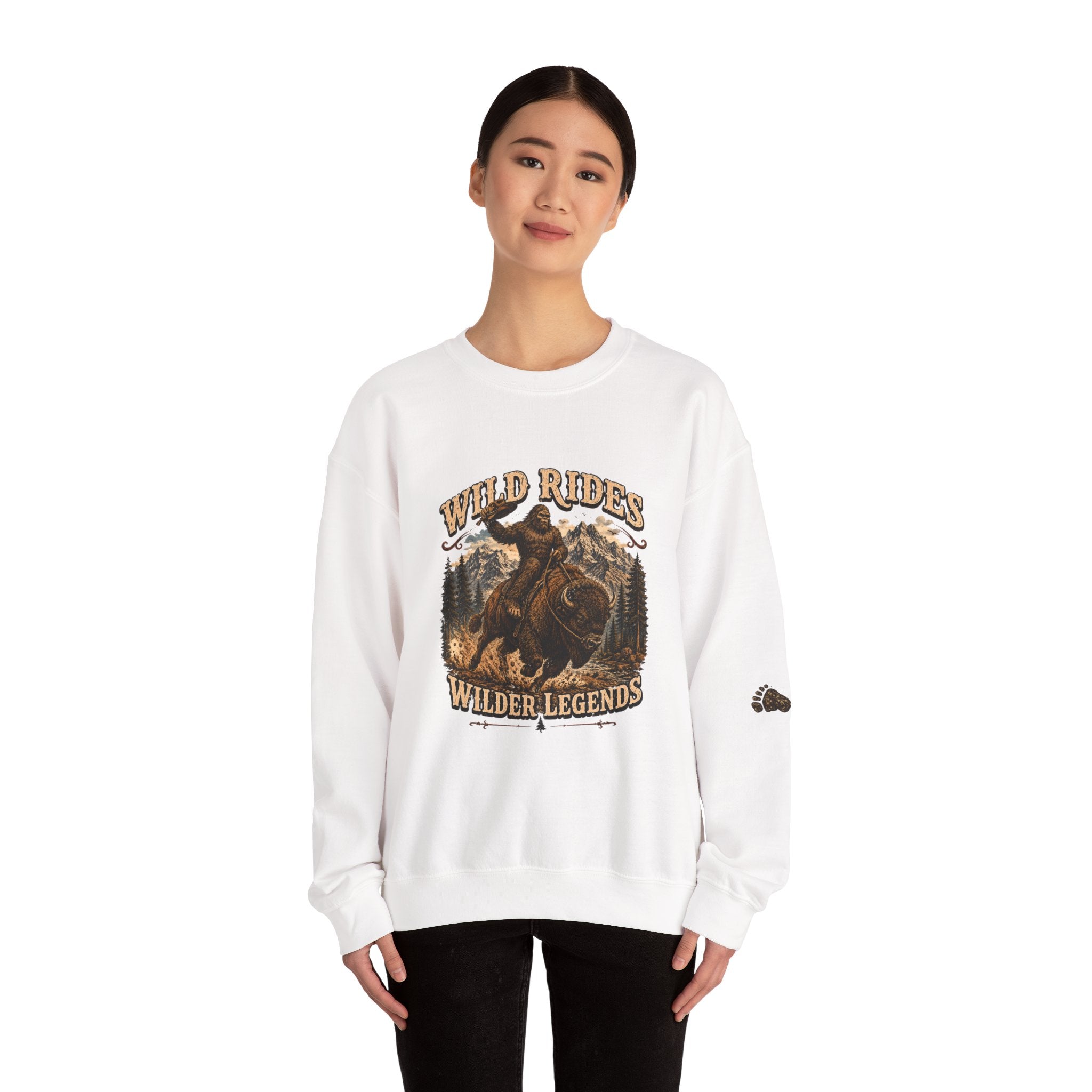 Wild Rides, Wilder Legends — Sasquatch Bison Rider, Crewneck Sweatshirt