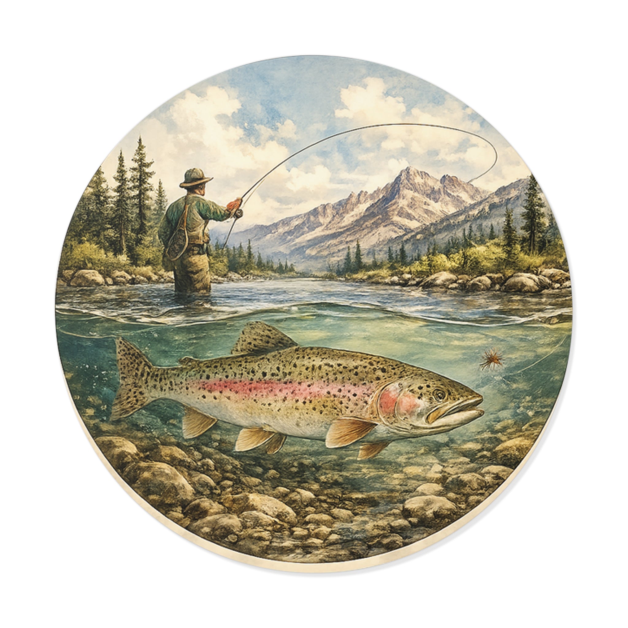 Round Fishing Sticker — Vintage Trout River Fly Angler Vinyl Decal