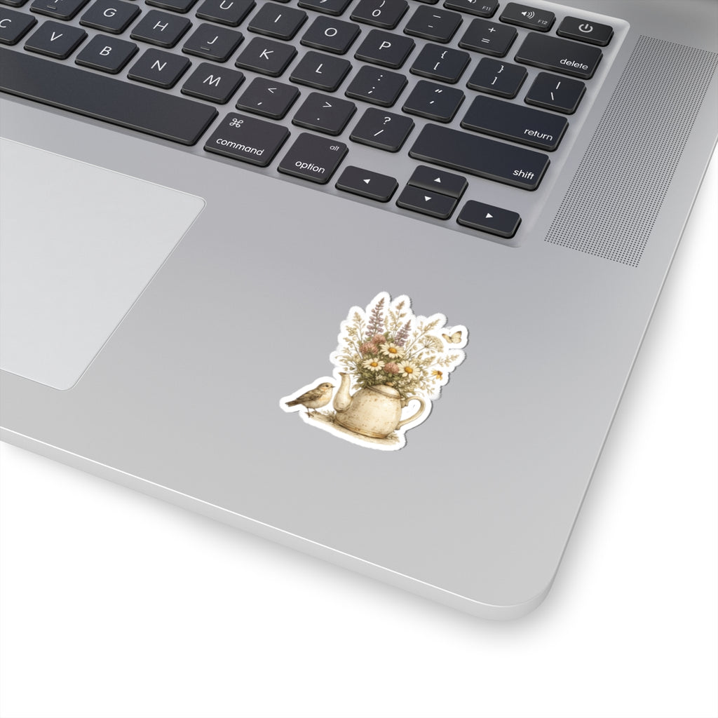 Floral Teapot & Songbird Sticker — Kiss-Cut Waterproof Decal