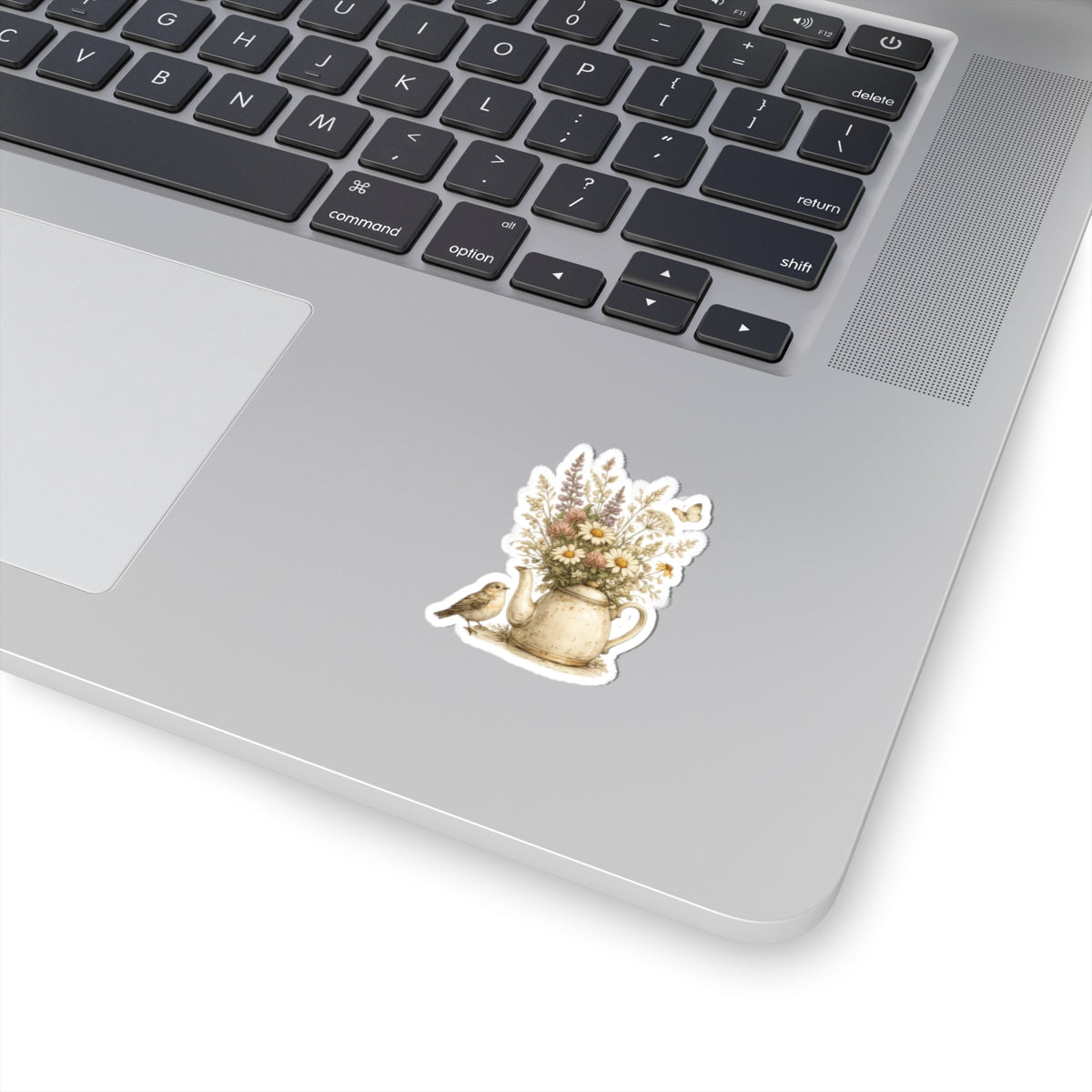 Floral Teapot & Songbird Sticker — Kiss-Cut Waterproof Decal