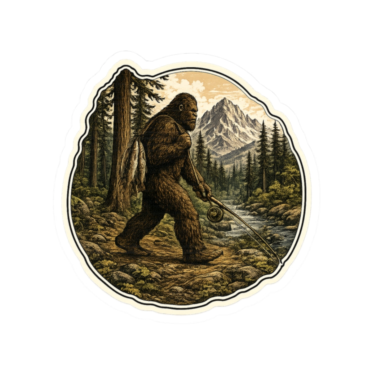 Sasquatch's Daily Catch Vinyl Sticker — Sasquatch Camping Adventure Kiss-Cut Decal