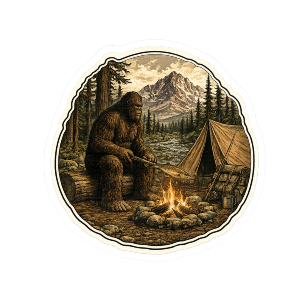 Sasquatch Campfire Dinner Sticker — Sasquatch by Campfire Outdoor Decal