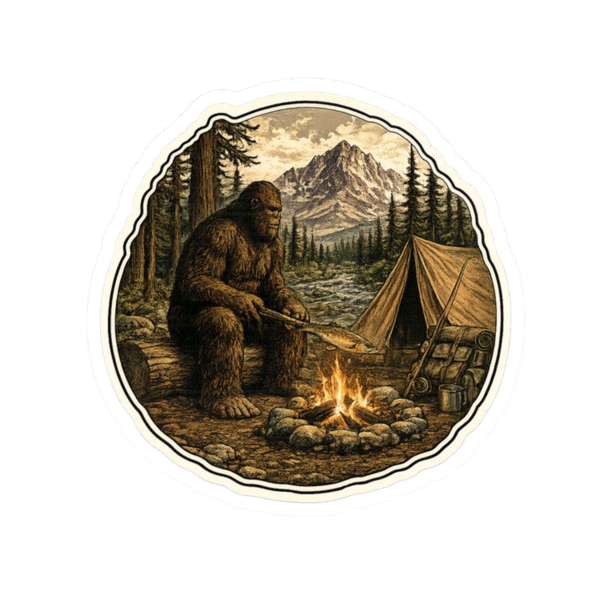 Sasquatch Campfire Dinner Sticker — Sasquatch by Campfire Outdoor Decal