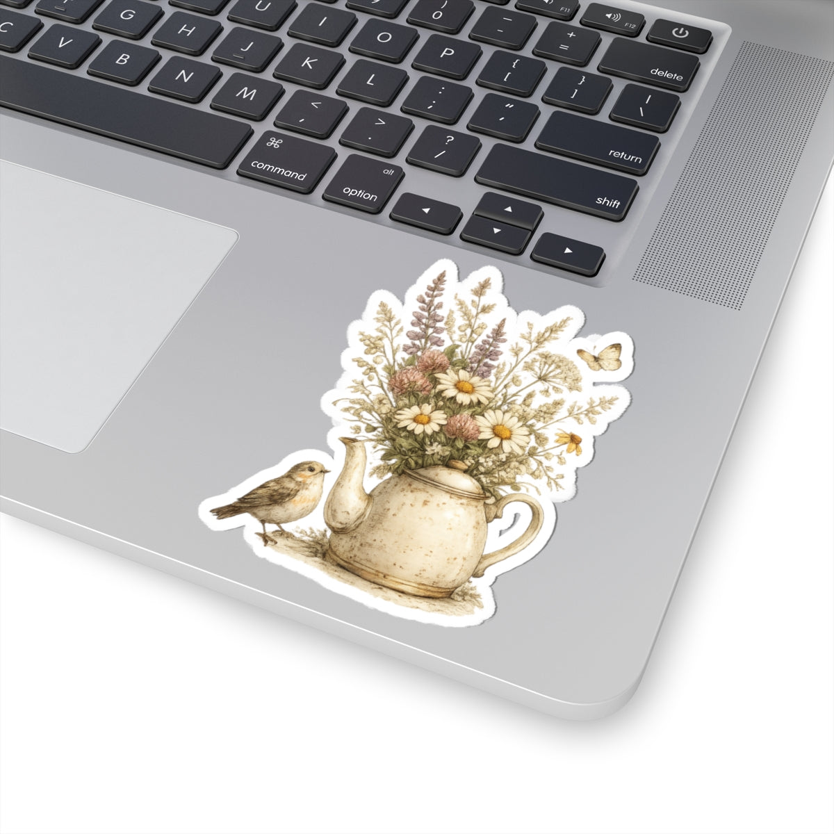 Floral Teapot & Songbird Sticker — Kiss-Cut Waterproof Decal