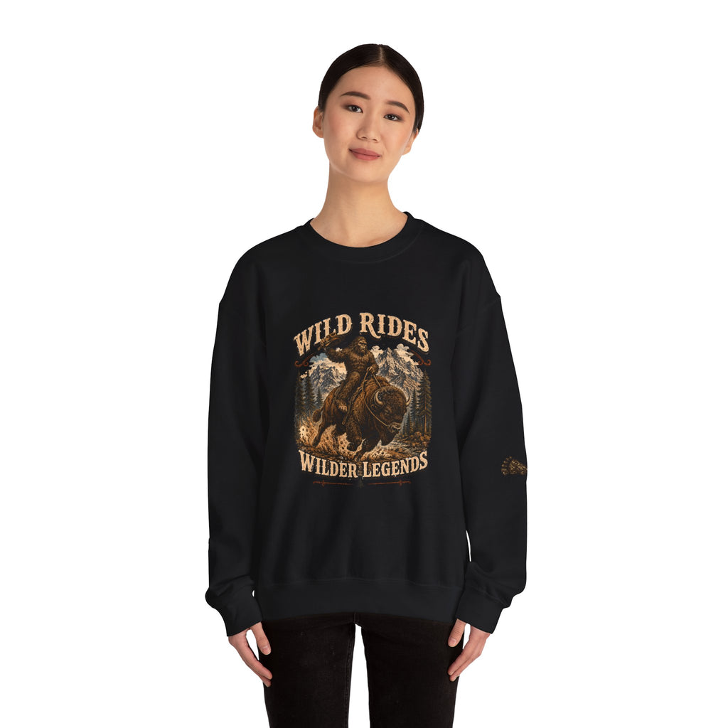 Wild Rides, Wilder Legends — Sasquatch Bison Rider, Crewneck Sweatshirt